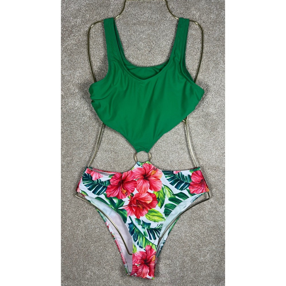 Cut out Small Swimsuit‎ Tropical Floral Ring Cutout Sexy Swimwear Aloha Vacation
